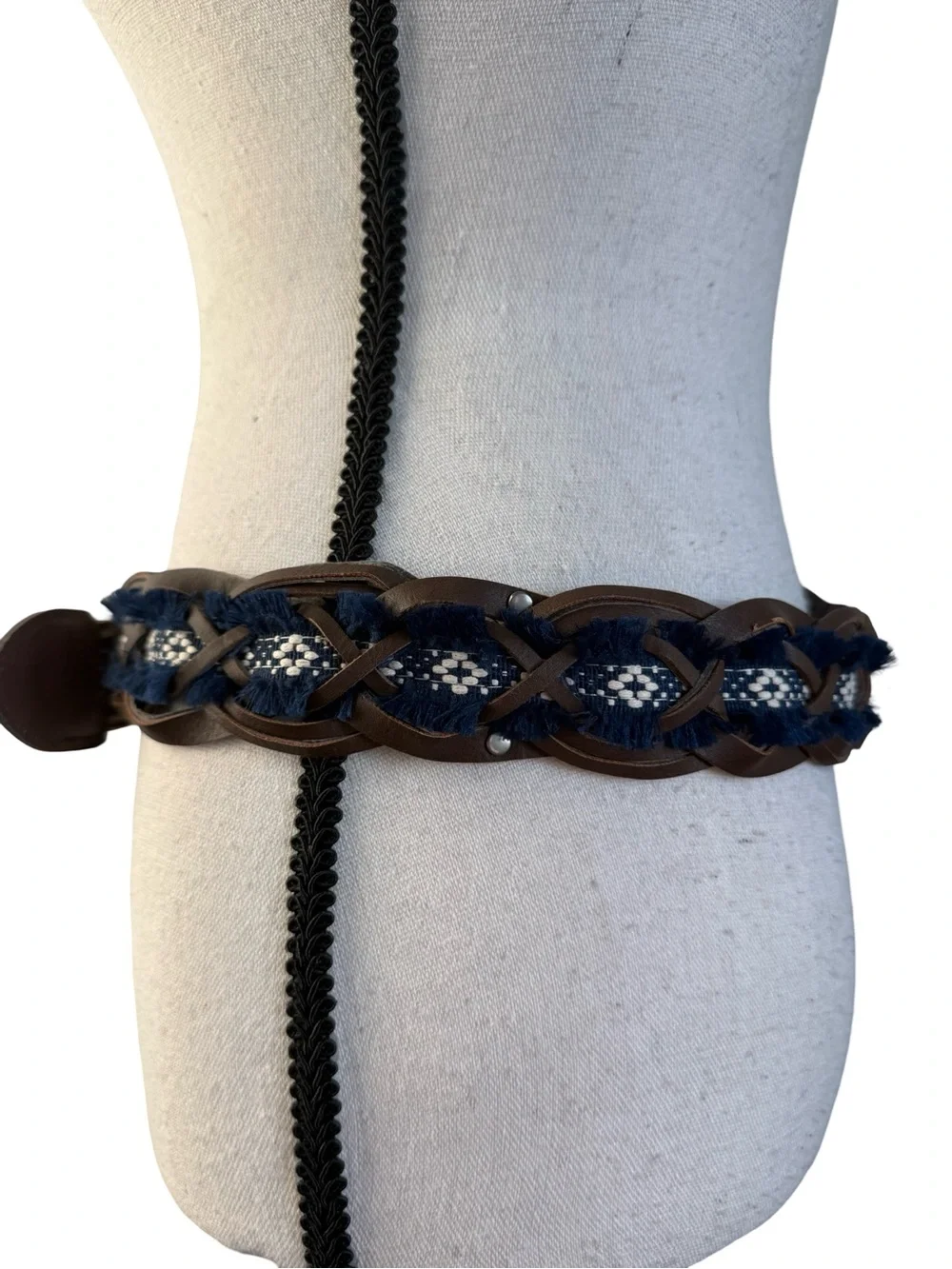 Boho Braided Leather Belt Blue Fringe Woven Western Festival Waist Belt